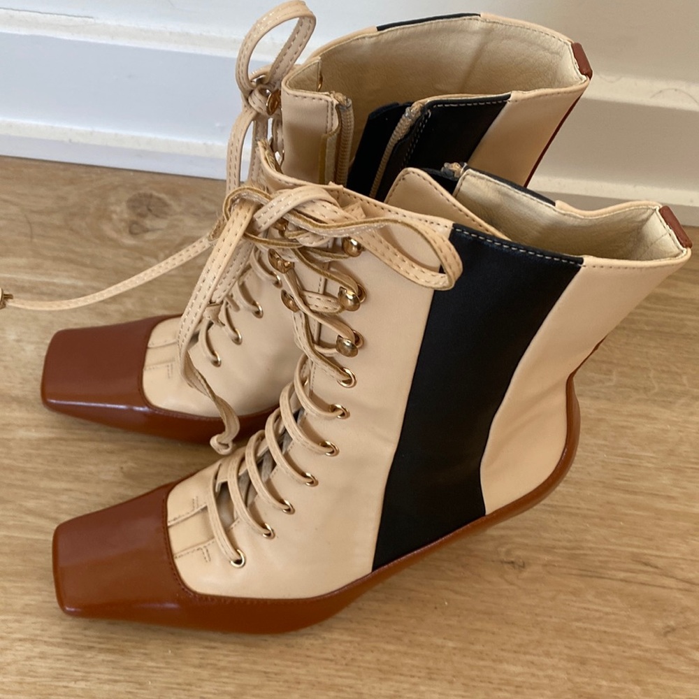 Brown color block heeled boots